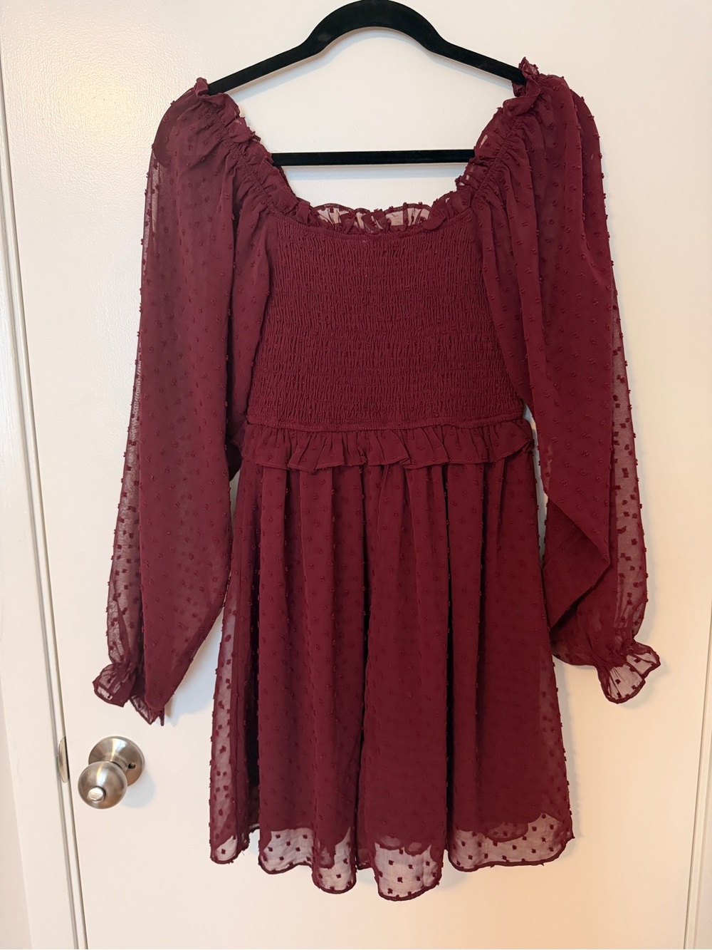 Aura Burgundy Mini Babydoll Swiss Dot Ruffle Long Sleeve Dress